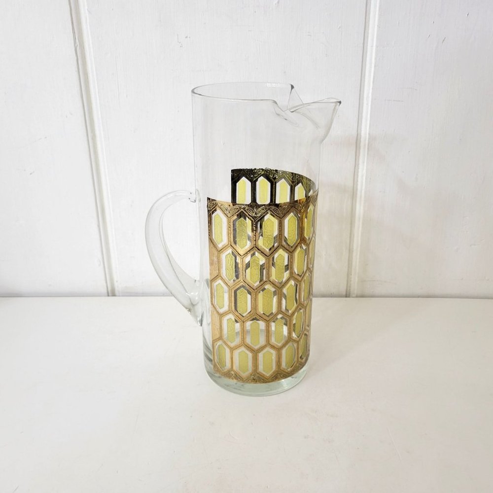 West Virginia Glass Gold Hexagon Pitcher Vintage MCM Madrid
